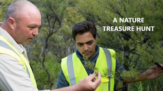 Image of two men standing among trees. Text on image says "A nature treasure hunt"