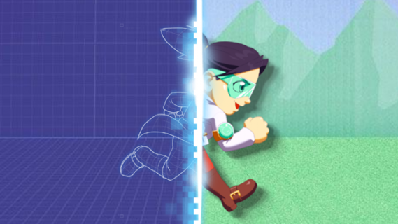 Cartoon girl transitioning from basic outline of a drawing to full colour image, as she's running across the screen