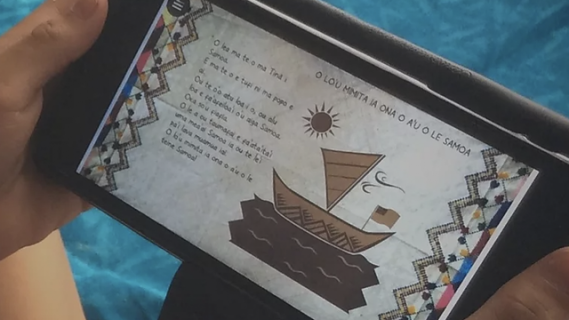 Person holding a phone in landscape mode with both hands. The screen has an illustration of a boat and text in Samoan.