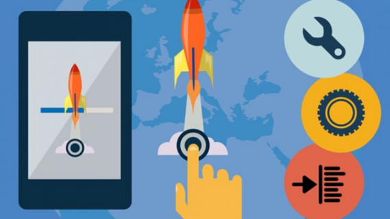 Flat-coloured vector illustration of rocket ship, tablet, and tools