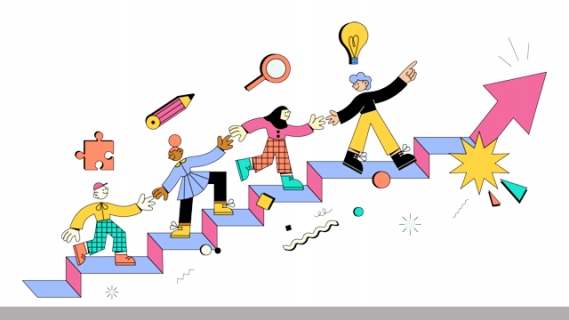 Cartoon of people joining hands, helping each other climb stairs, with a jigsaw piece, pencil, magnifying glass and light bulb above their heads