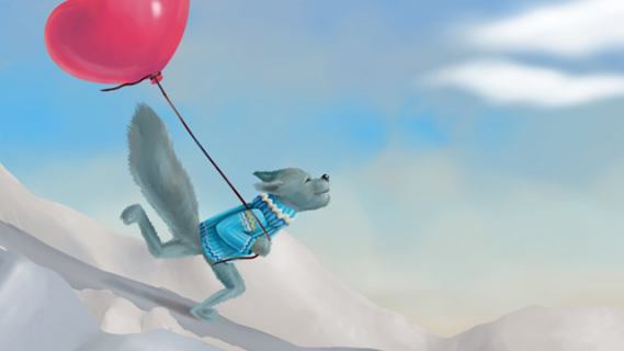 Illustration of grey wolf wearing a sweater and skiing snowy slopes while holding a balloon
