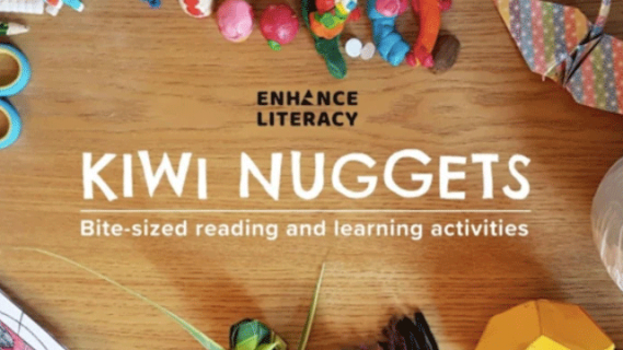 Photograph taken from above of a wooden table with various craft materials on it. The photograph is overlaid with white text reading"Kiwi Nuggets. Bite-sized reading and learning activities".