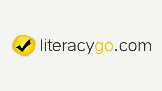 Literacygo logo in black and yellow text. On the left is a symbol of a black tick inside a yellow circle