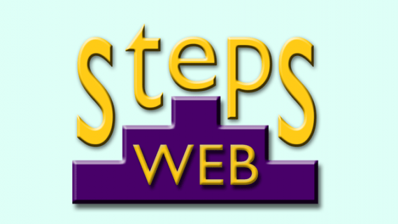 StepsWeb logo in yellow text on a light blue background. Part of the text is overlaid on a purple outline of ascending and descending stairs.