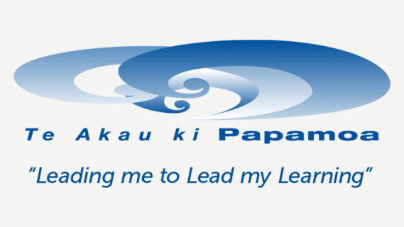 Teakauki Papamoa School's logo in blue text with outlines of 3 elongated koru in different shades of blue.