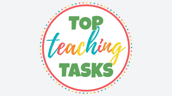 Top Teaching Tasks logo that contains the title in colourful text, inside a red circle with multicoloured circles around it.