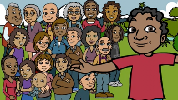 Illustration of a large group of people in the left-hand background, with a child, arms outstretched, in the right-hand foreground. 