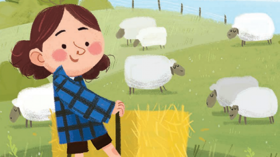 Cartoon drawing of a child on a farm, standing next to a bale of hay with sheep in the background.